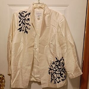 Victor Costa Ivory Jacket with Black Leaf Design Luxe Silk Fairycore Chic